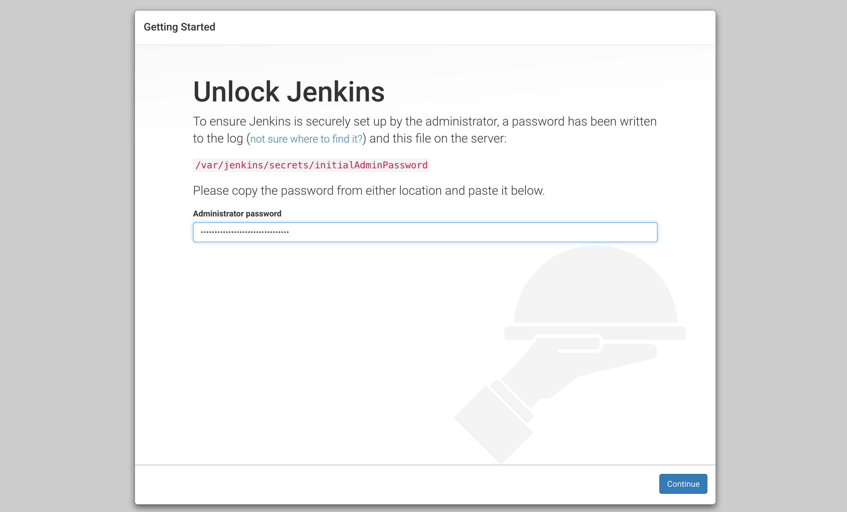 First Jenkins 2 page, grab from the log your key and start