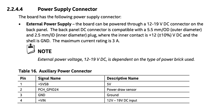 This is an image I took from the NUC schematics. It describes how the
"Auxiliary power connector" works. And how it can be hook to another destination
of power to switch it on