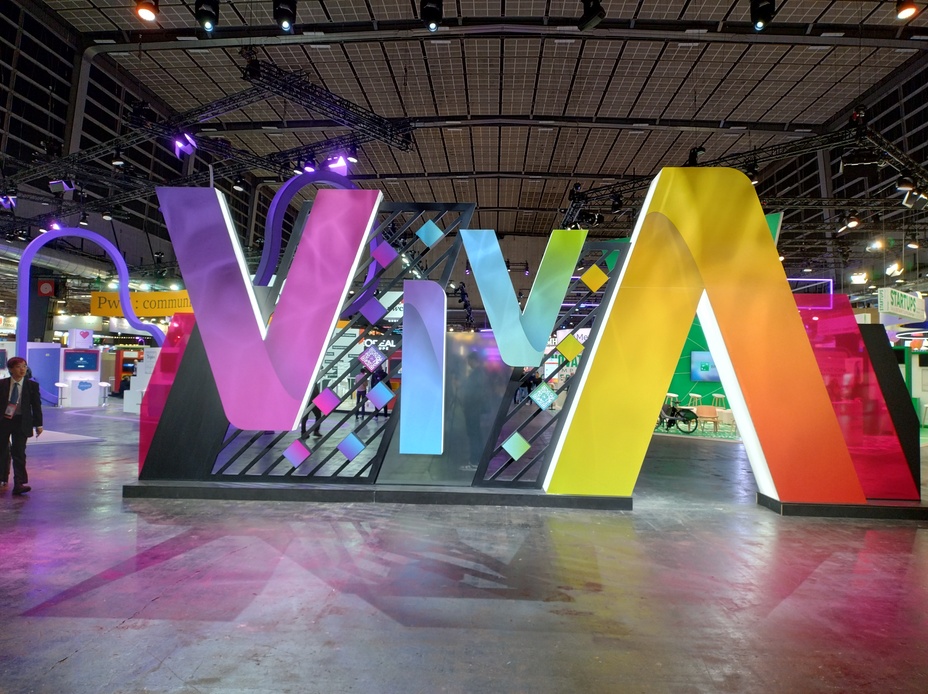 Picture of the VivaTech entrance. A huge VIVA written with led readable from both side